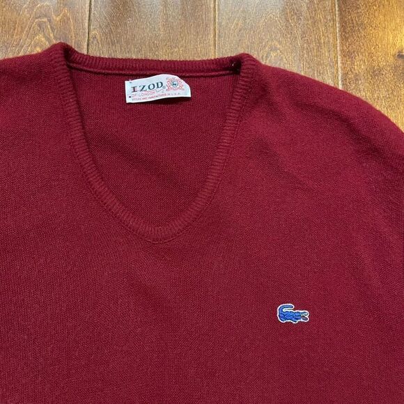 Izod Lacoste Vintage 70s Acrylic Orlon V-Neck Sweater Burgundy Men's Size Large - Picture 2 of 9